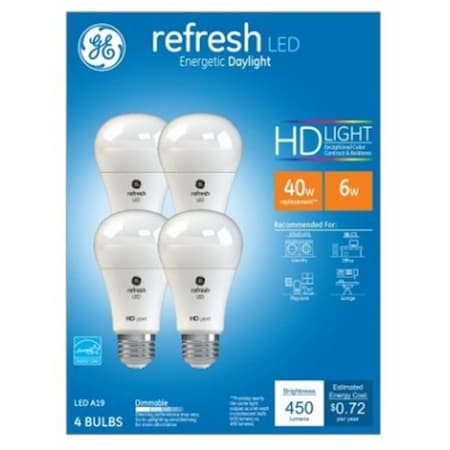 GE Lighting 248165 6 Watt Refresh Daylight HD Equivalent A19 LED Bulb - Pack Of 4